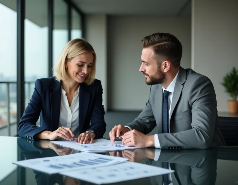 Deux professionnels en réunion analysant des graphiques de croissance d'entreprise dans un bureau moderne