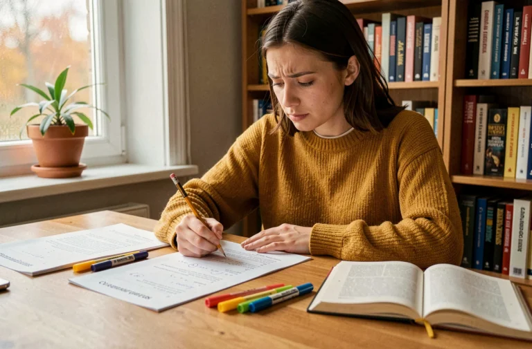 Jeune femme révisant des exercices corrigés de classes grammaticales sur des fiches PDF imprimées à son bureau