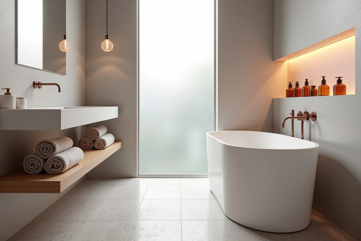 Salle de bain style spa avec baignoire îlot blanche, miroir LED et carrelage terrazzo pour un intérieur haut de gamme en 2024