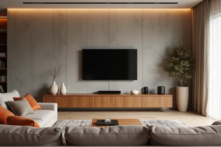 Salon moderne équipé d'une télévision murale et d'un système domotique minimaliste pour sublimer l'habitat en 2024