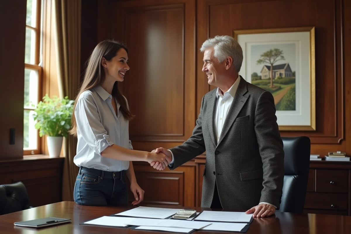 Jeune femme et notaire se serrant la main dans un bureau élégant