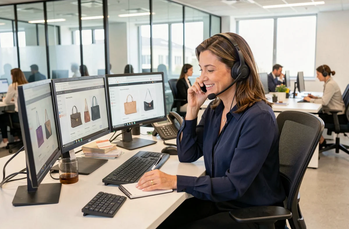 Conseillère en service client d'une boutique de sacs en ligne répondant aux demandes par téléphone dans un bureau professionnel