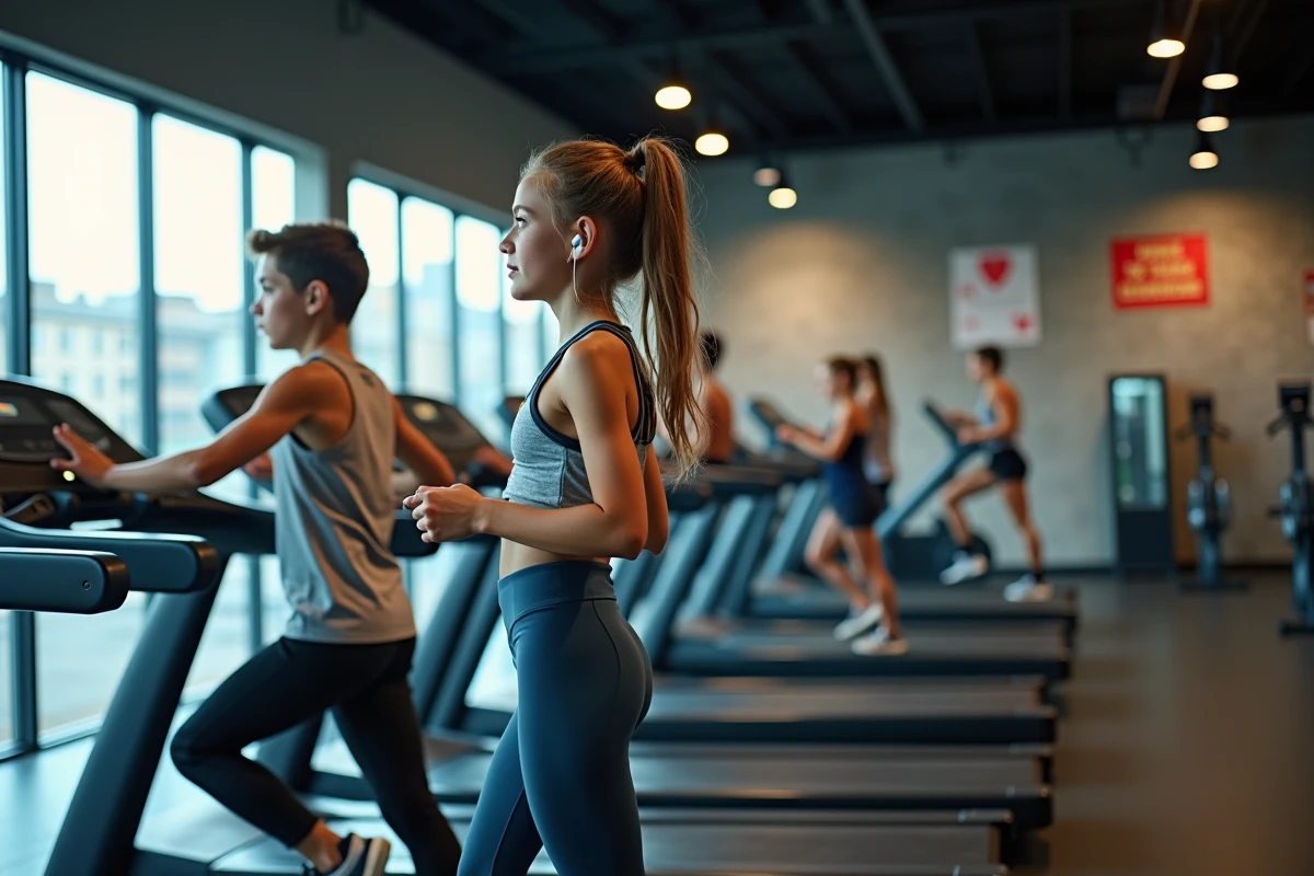Deux adolescents utilisant des équipements cardio dans une grande salle de fitness Basic Fit