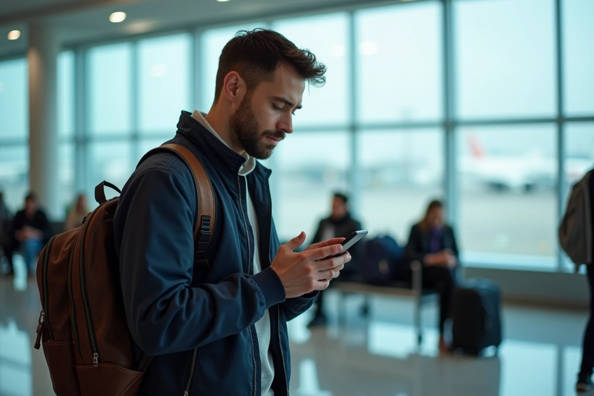 Voyageur consultant une application mobile de voyage dans un salon d'aéroport avant son départ